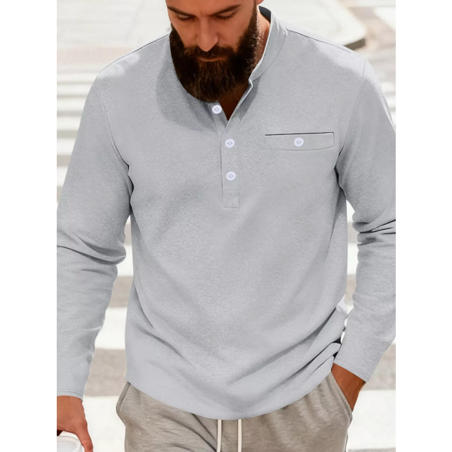 Men’s Full Size Button Detail Long Sleeve Shirt Plus Size Light Gray / S Apparel and Accessories