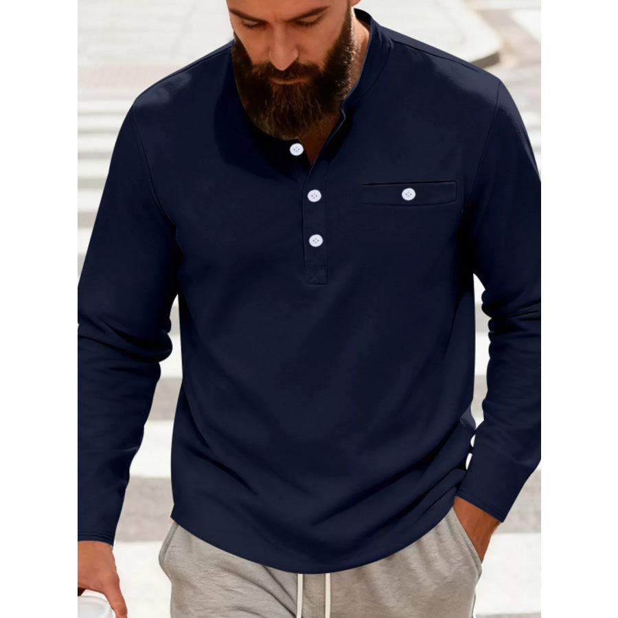 Men’s Full Size Button Detail Long Sleeve Shirt Plus Size Navy Blue / S Apparel and Accessories