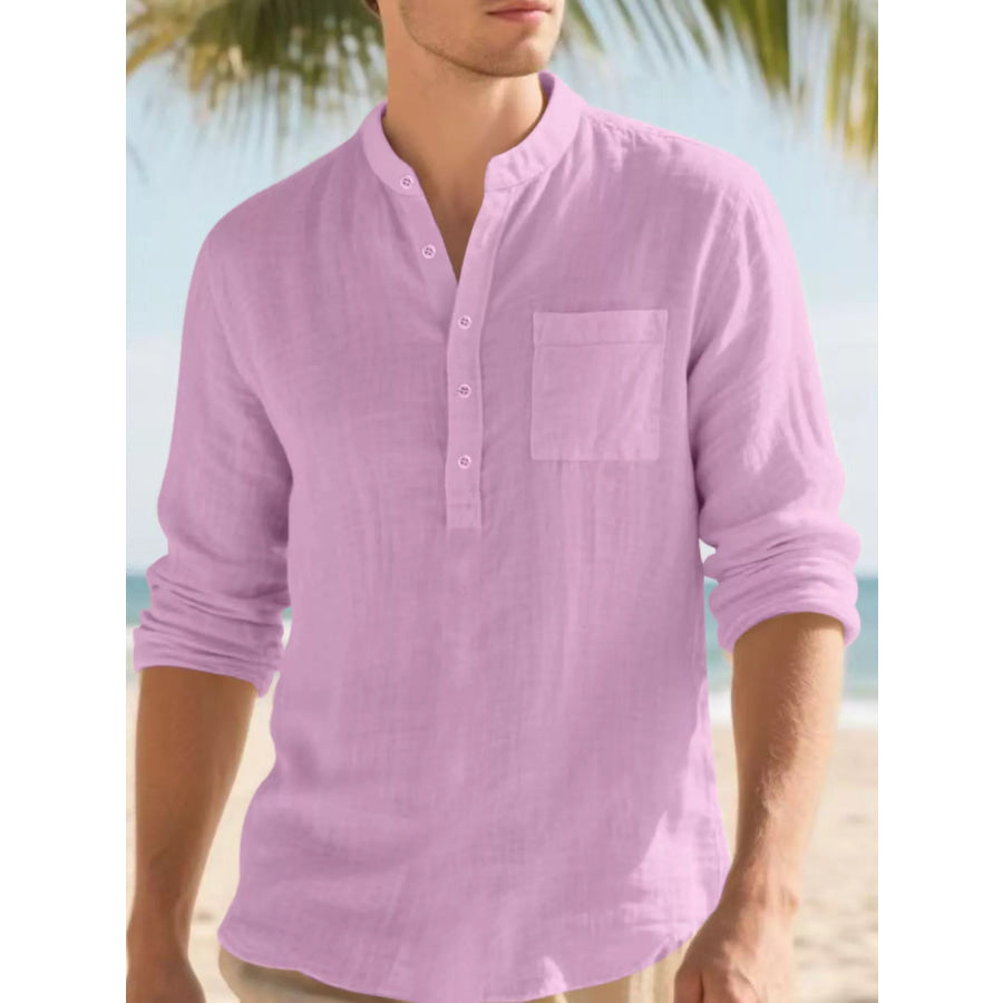 Men’s Full Size Button Detail Long Sleeve Shirt Plus Size Pink / S Apparel and Accessories