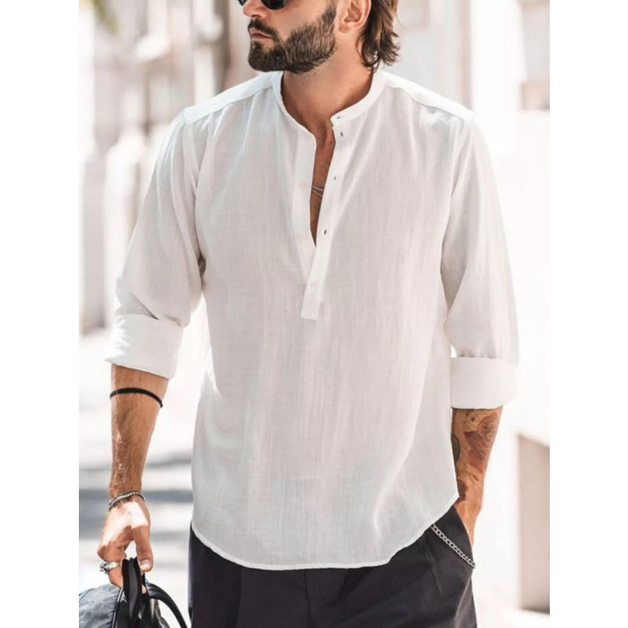 Men’s Full Size Button Detail Long Sleeve Shirt Plus Size White / XS Apparel and Accessories