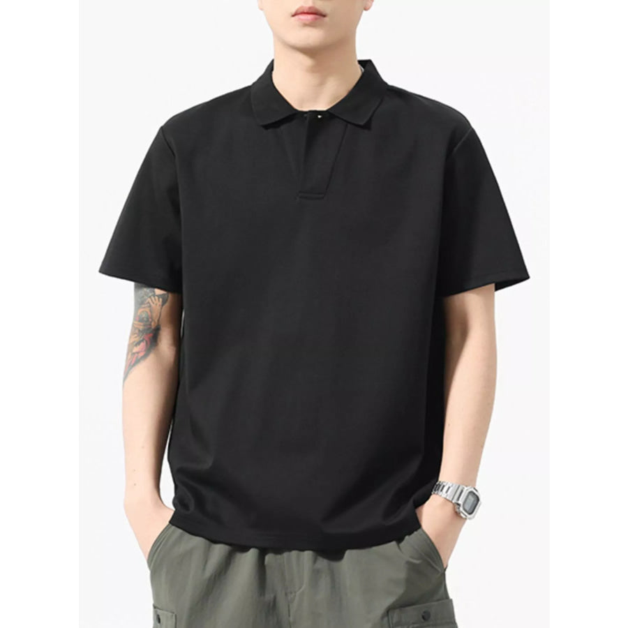 Men’s Full Size Button Detail Short Sleeve Polo Plus Size Black / S Apparel and Accessories