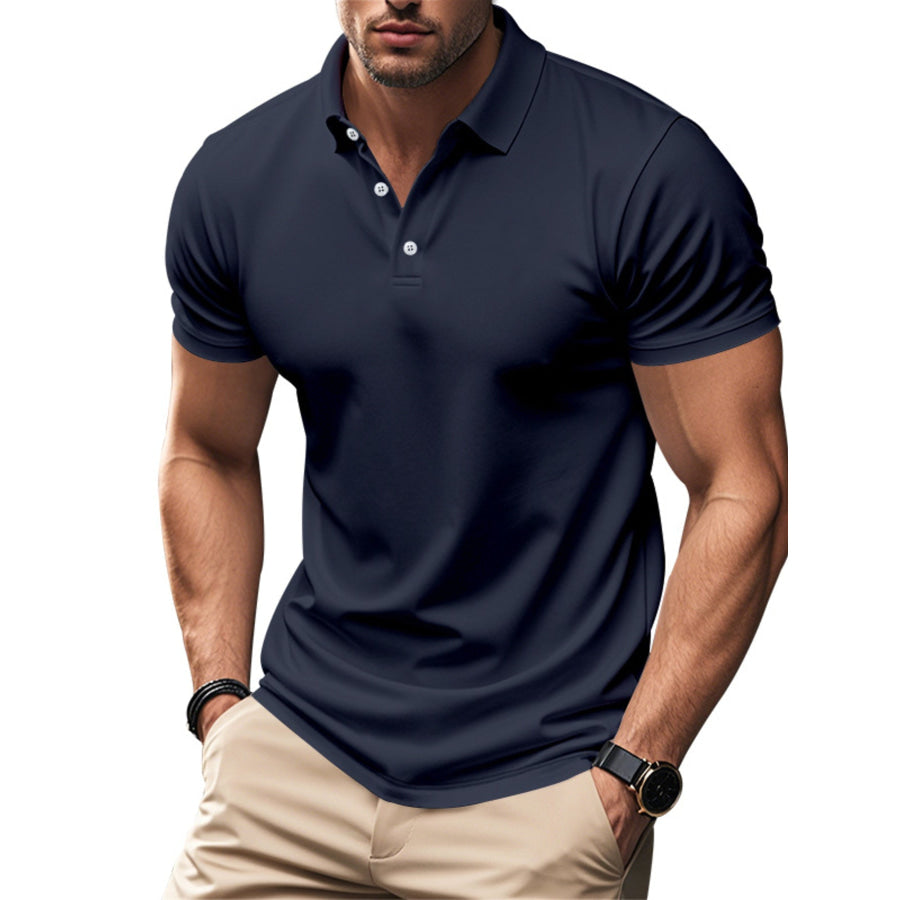 Men’s Full Size Button Detail Short Sleeve Polo Plus Navy Blue / S Apparel and Accessories