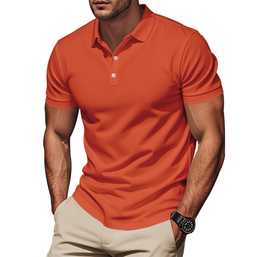 Men’s Full Size Button Detail Short Sleeve Polo Plus Orange / S Apparel and Accessories