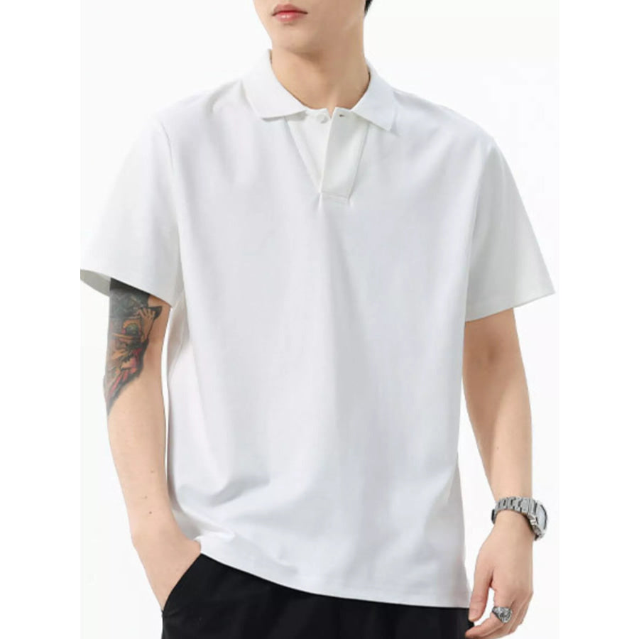 Men’s Full Size Button Detail Short Sleeve Polo Plus Size White / S Apparel and Accessories