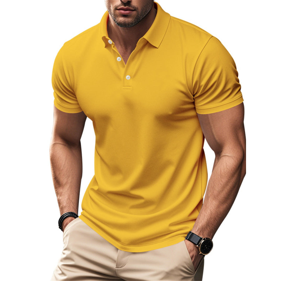 Men’s Full Size Button Detail Short Sleeve Polo Plus Yellow / S Apparel and Accessories