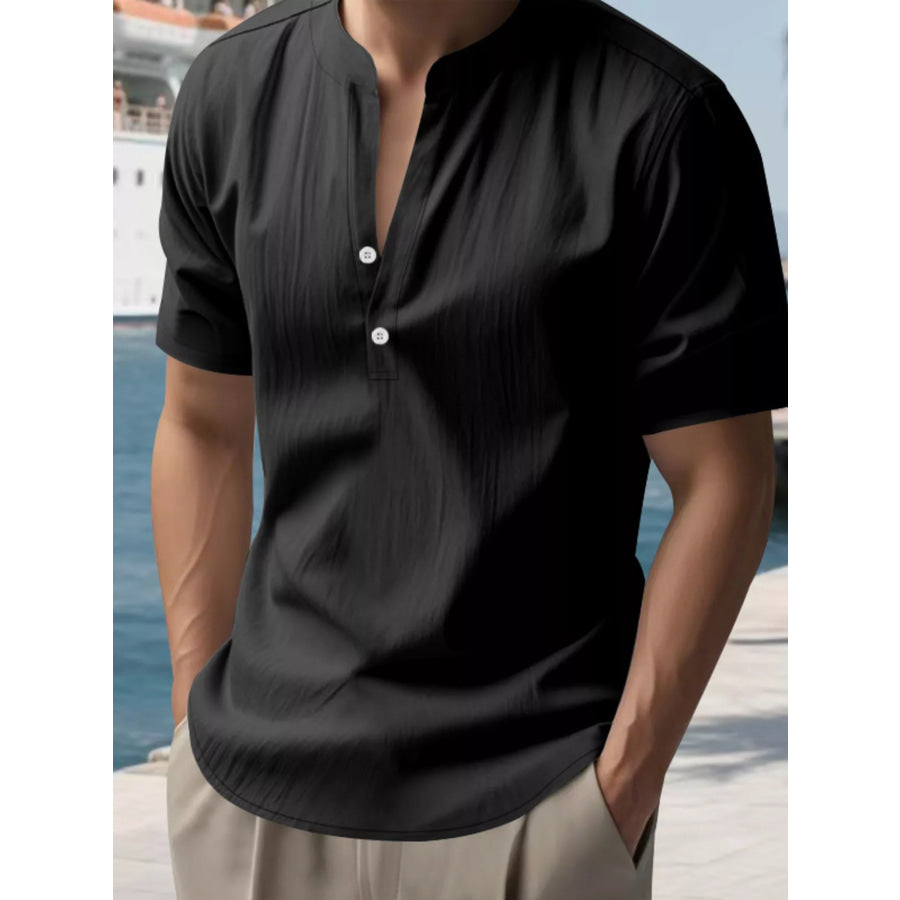 Men’s Full Size Button Detail Short Sleeve Shirt Plus Size Black / S Apparel and Accessories