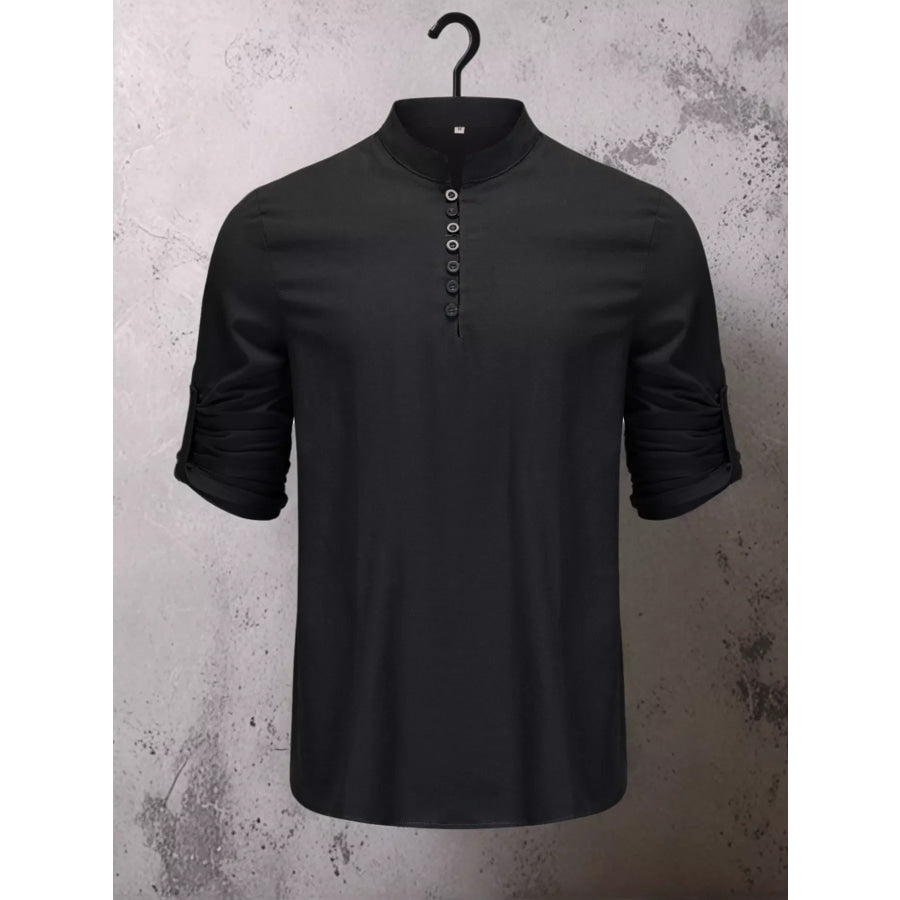 Men’s Full Size Button Detail Short Sleeve Shirt Plus Size Black / S Apparel and Accessories
