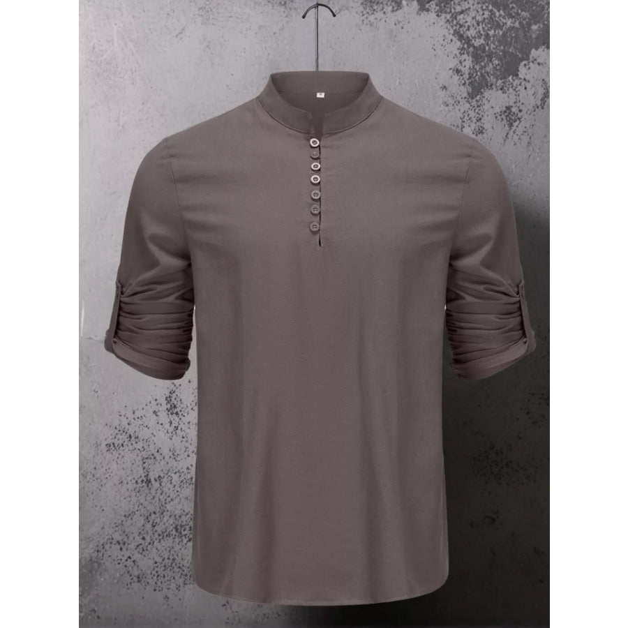 Men’s Full Size Button Detail Short Sleeve Shirt Plus Size Gray / S Apparel and Accessories