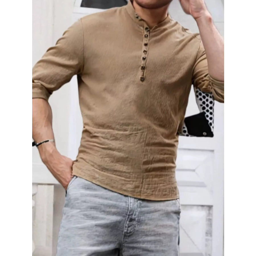 Men’s Full Size Button Detail Short Sleeve Shirt Plus Size Khaki / S Apparel and Accessories