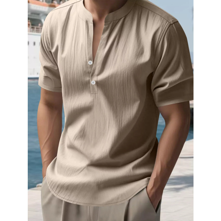 Men’s Full Size Button Detail Short Sleeve Shirt Plus Size Khaki / S Apparel and Accessories
