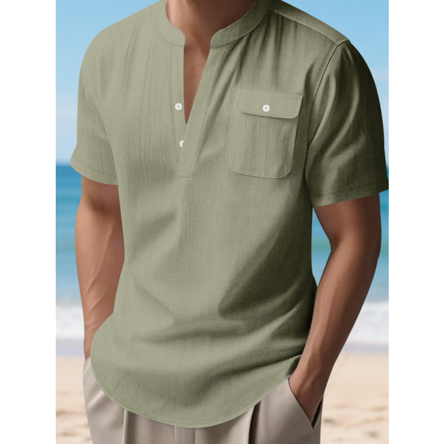 Men’s Full Size Button Detail Short Sleeve Shirt Plus Size Military Green / S Apparel and Accessories