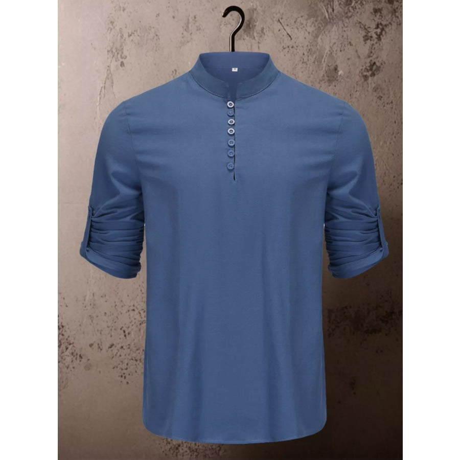 Men’s Full Size Button Detail Short Sleeve Shirt Plus Size Navy / S Apparel and Accessories