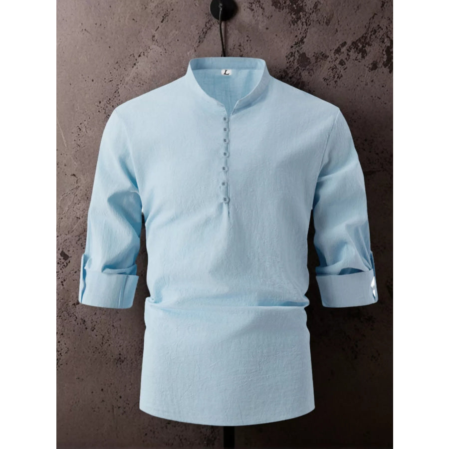 Men’s Full Size Button Detail Short Sleeve Shirt Plus Size Sky Blue / S Apparel and Accessories