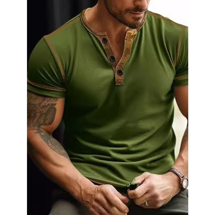 Men’s Full Size Button Detail Short Sleeve T-Shirt Plus Size Army Green / S Apparel and Accessories