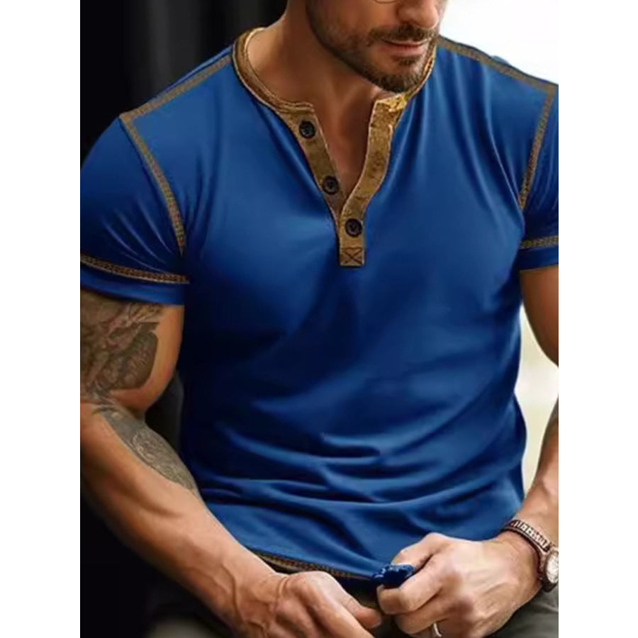 Men’s Full Size Button Detail Short Sleeve T-Shirt Plus Size Blue / S Apparel and Accessories