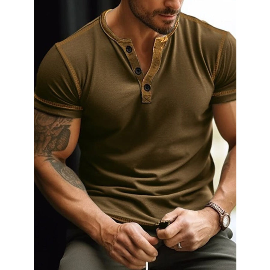 Men’s Full Size Button Detail Short Sleeve T-Shirt Plus Size Brown / S Apparel and Accessories