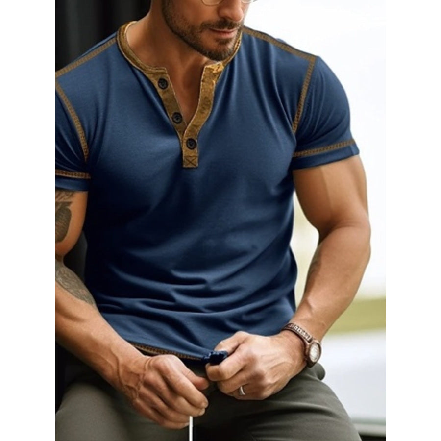 Men’s Full Size Button Detail Short Sleeve T-Shirt Plus Size Navy Blue / S Apparel and Accessories