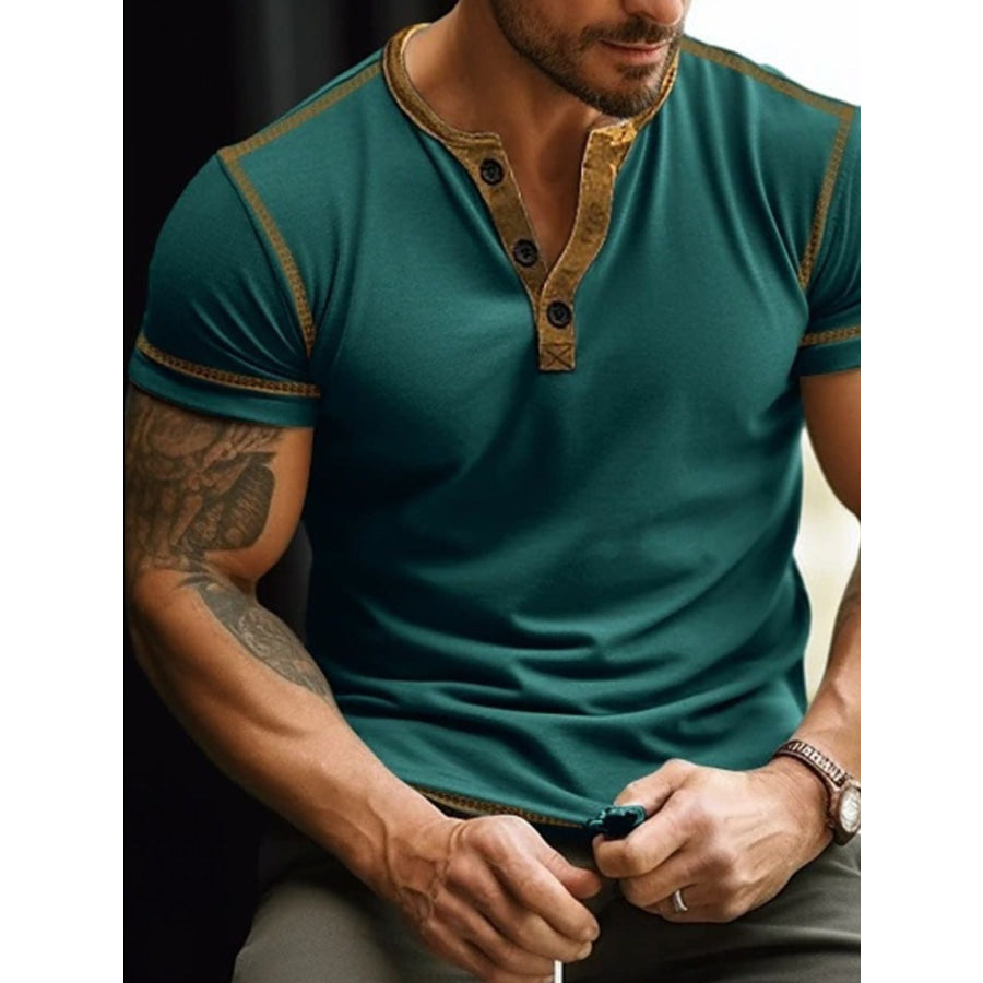 Men’s Full Size Button Detail Short Sleeve T-Shirt Plus Size Peacock Green / S Apparel and Accessories