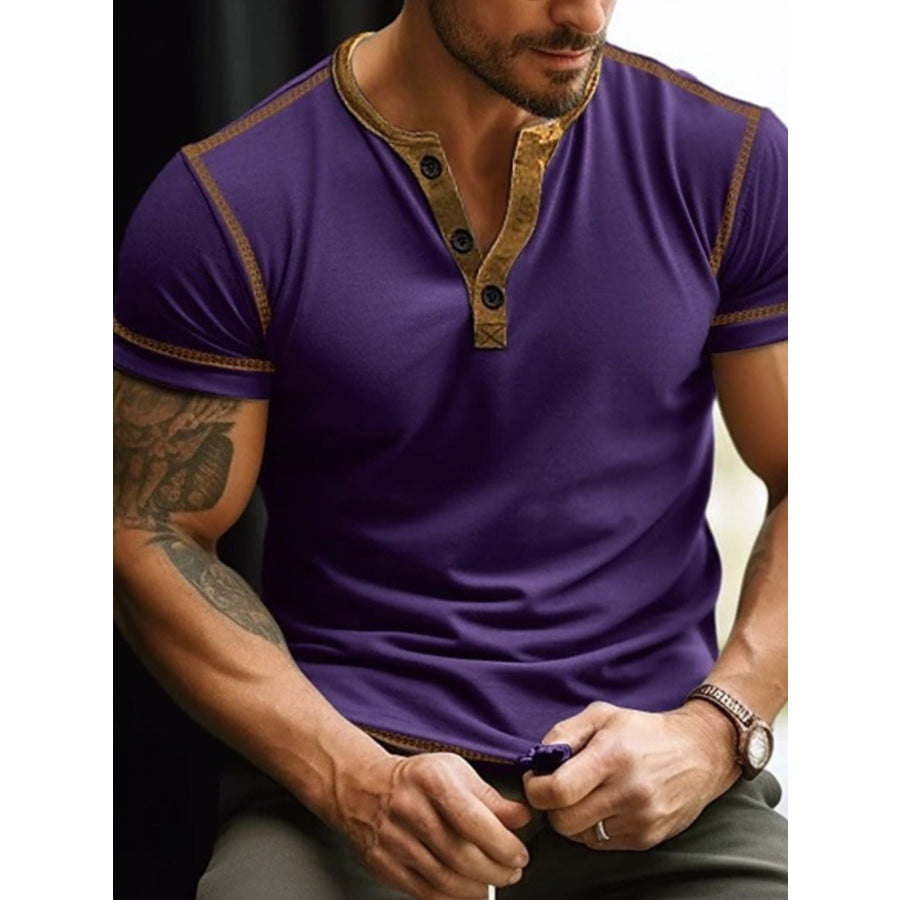 Men’s Full Size Button Detail Short Sleeve T-Shirt Plus Size Purple / S Apparel and Accessories