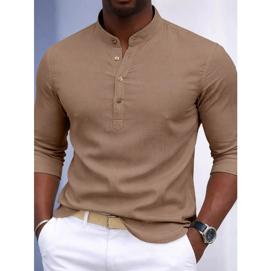 Men’s Full Size Button Detail Slim Fit Shirt Plus Size Khaki / S Apparel and Accessories