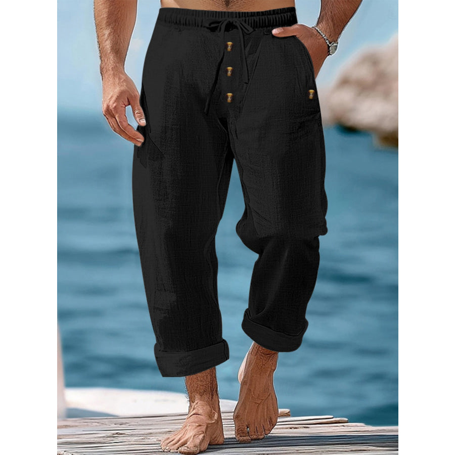 Men’s Full Size Button-Fly Drawstring Pants Plus Size Black / S Apparel and Accessories