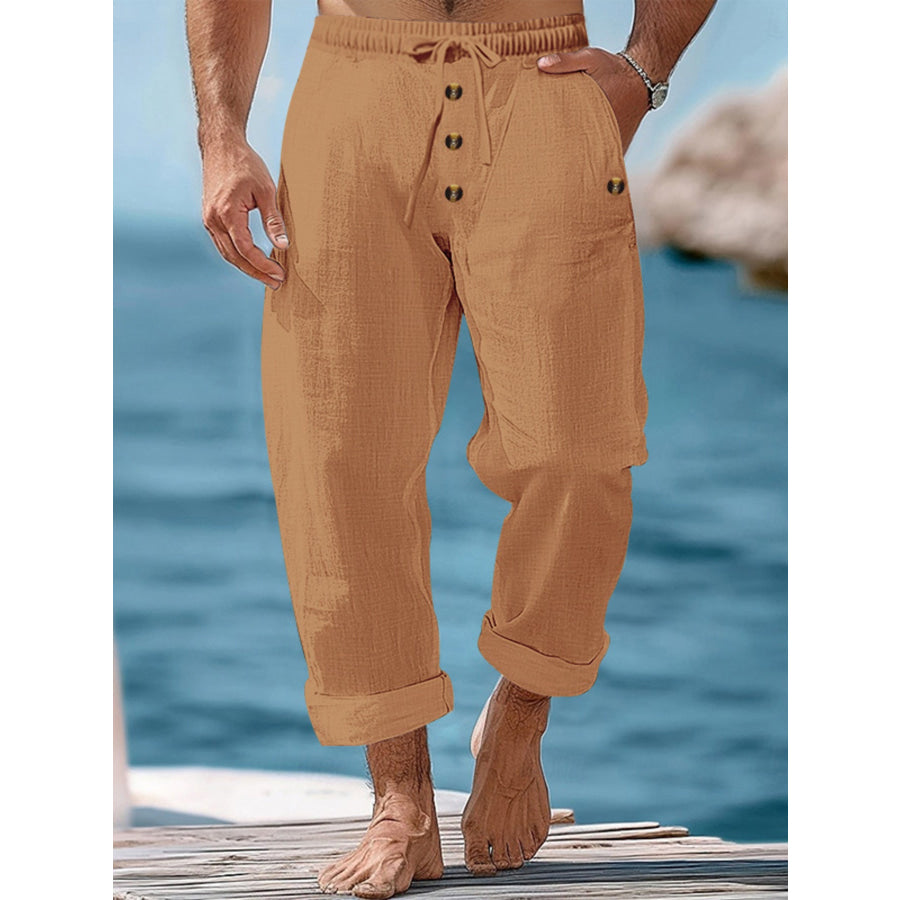 Men’s Full Size Button-Fly Drawstring Pants Plus Size Earthy Yellow / S Apparel and Accessories