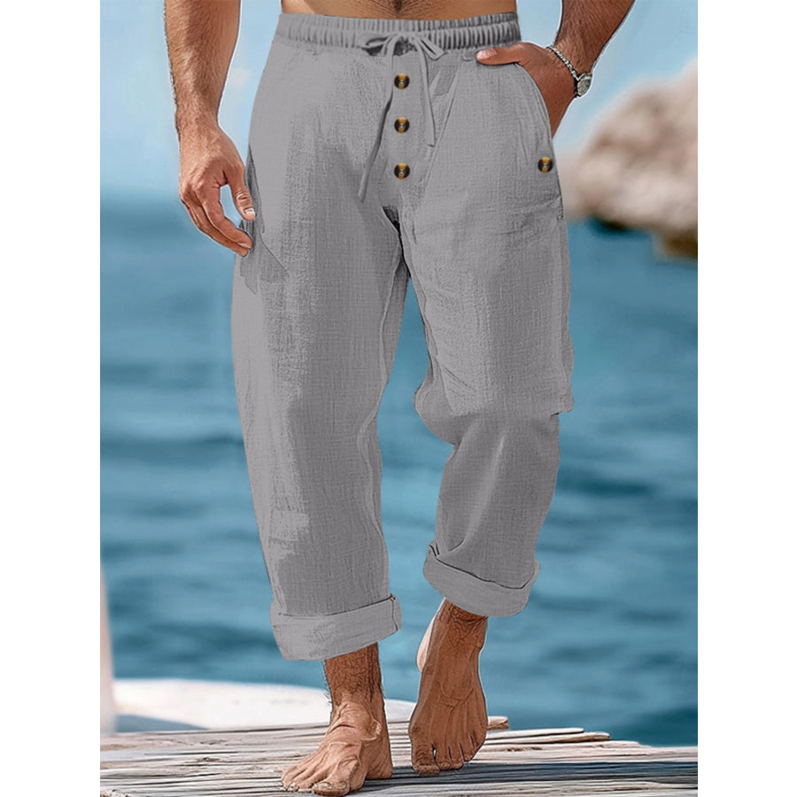 Men’s Full Size Button-Fly Drawstring Pants Plus Size Gray / S Apparel and Accessories