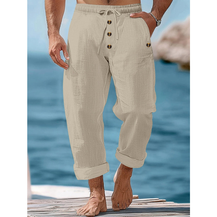 Men’s Full Size Button-Fly Drawstring Pants Plus Size Khaki / S Apparel and Accessories