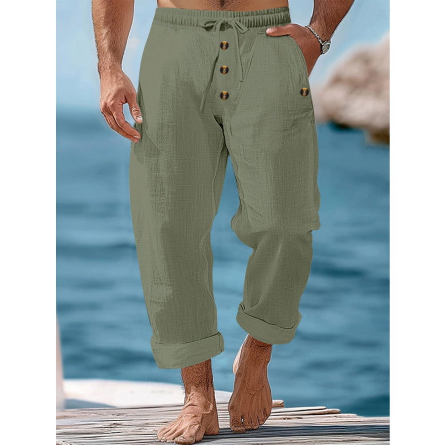 Men’s Full Size Button-Fly Drawstring Pants Plus Size Military Green / S Apparel and Accessories