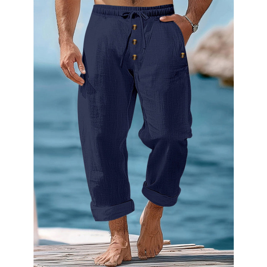 Men’s Full Size Button-Fly Drawstring Pants Plus Size Navy Blue / S Apparel and Accessories
