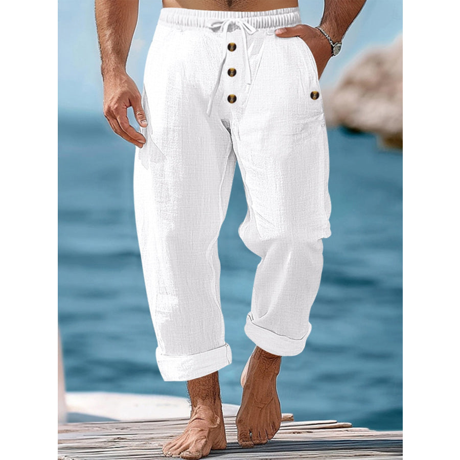 Men’s Full Size Button-Fly Drawstring Pants Plus Size White / S Apparel and Accessories