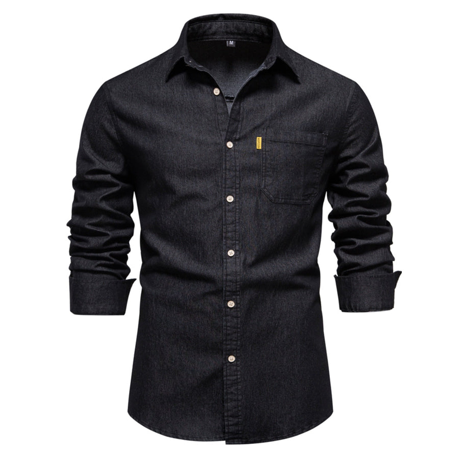 Men’s Full Size Button Up Denim Shirt with Chest Pocket Plus Size Black / S Apparel and Accessories