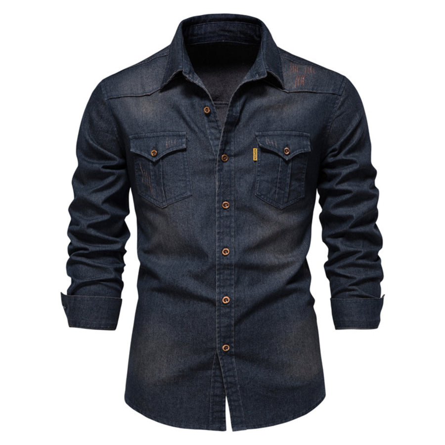 Men’s Full Size Button Up Denim Shirt with Chest Pocket Plus Size Dark Navy / S Apparel and Accessories