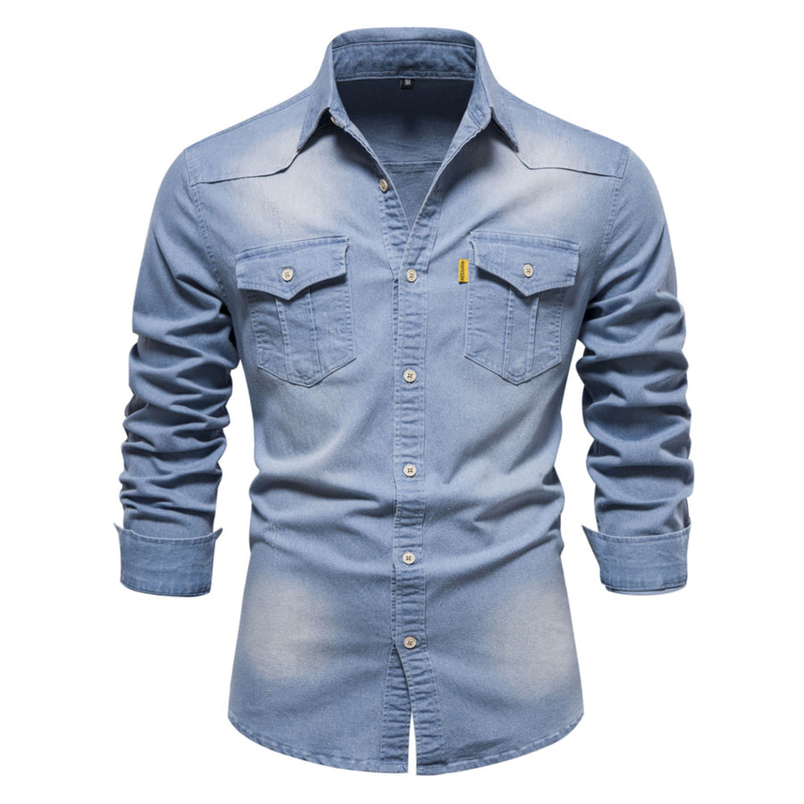 Men’s Full Size Button Up Denim Shirt with Chest Pocket Plus Size Light / S Apparel and Accessories