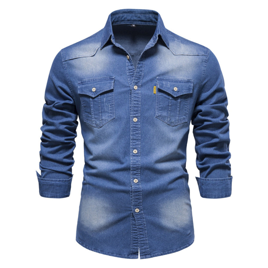 Men’s Full Size Button Up Denim Shirt with Chest Pocket Plus Size Medium / S Apparel and Accessories