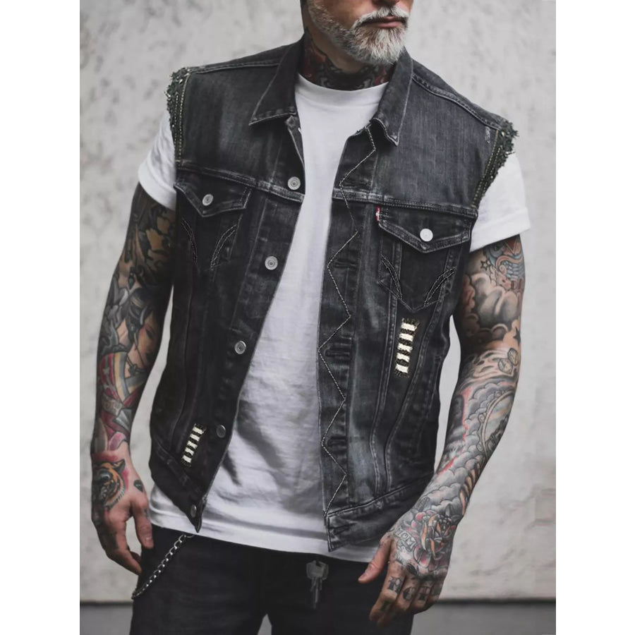 Men’s Full Size Button Up Denim Vest Plus Size Dark Gray / S Apparel and Accessories