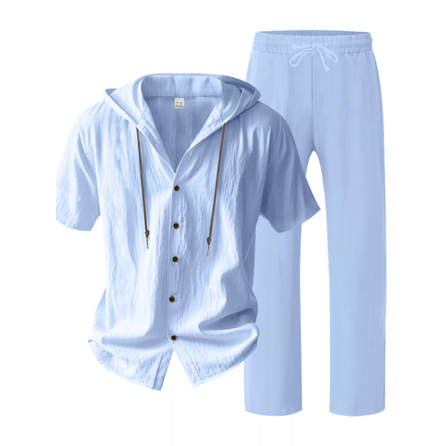 Men’s Full Size Button Up Hooded Top and Pants Set Plus Size Apparel and Accessories