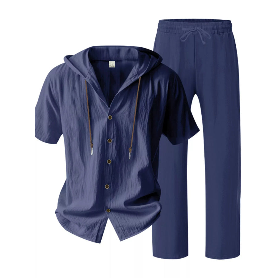 Men’s Full Size Button Up Hooded Top and Pants Set Plus Size Apparel and Accessories