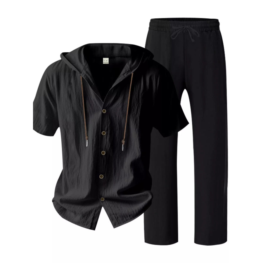 Men’s Full Size Button Up Hooded Top and Pants Set Plus Size Apparel and Accessories