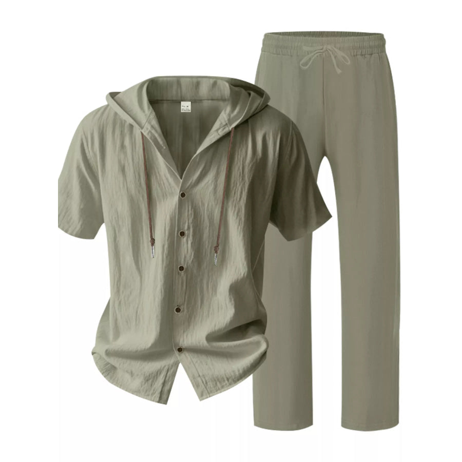 Men’s Full Size Button Up Hooded Top and Pants Set Plus Size Apparel and Accessories