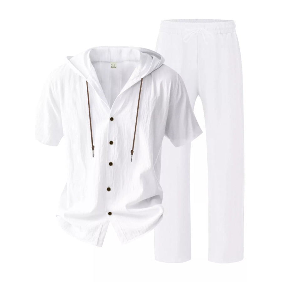 Men’s Full Size Button Up Hooded Top and Pants Set Plus Size Apparel and Accessories