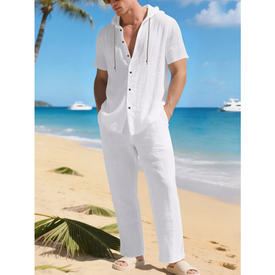 Men’s Full Size Button Up Hooded Top and Pants Set Plus Size Apparel and Accessories