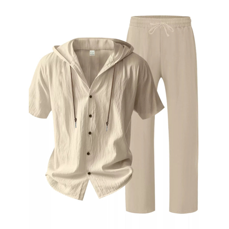 Men’s Full Size Button Up Hooded Top and Pants Set Plus Size Apparel and Accessories