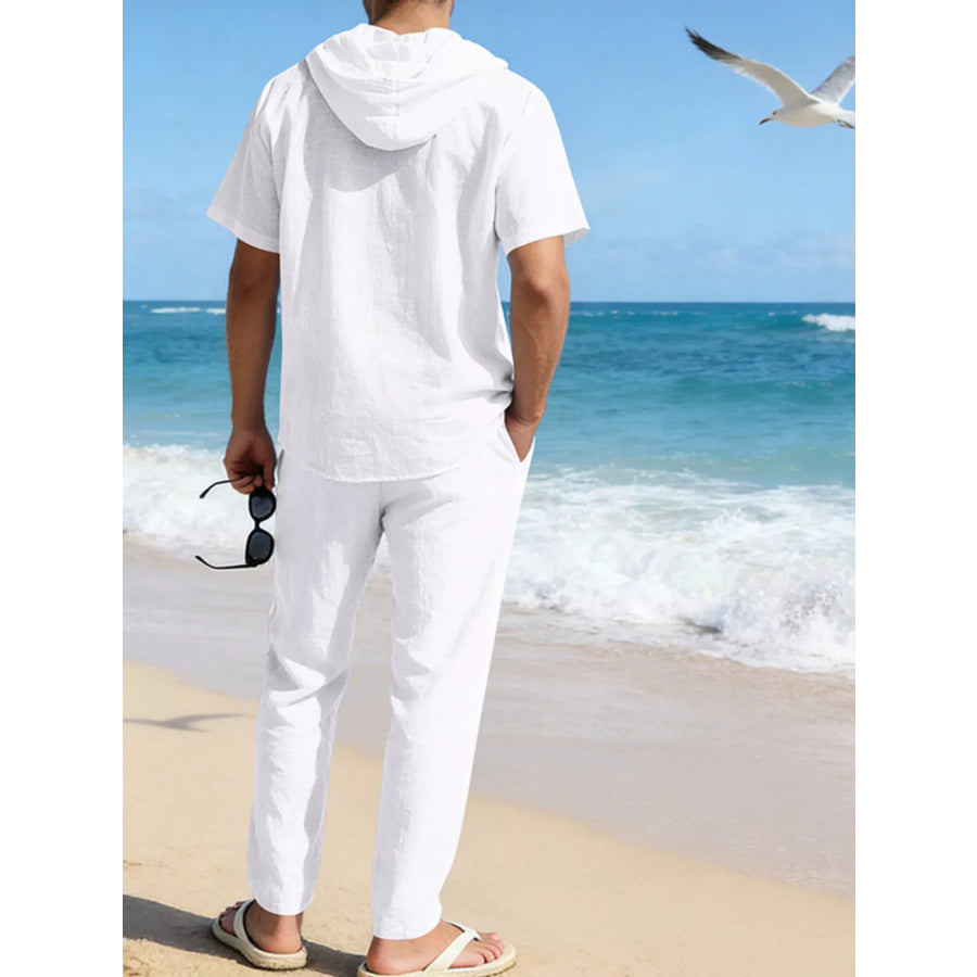 Men’s Full Size Button Up Hooded Top and Pants Set Plus Size Apparel and Accessories