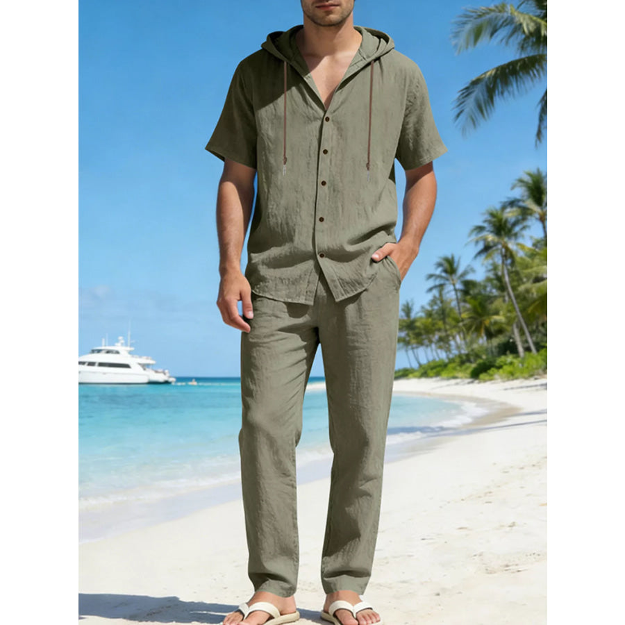 Men’s Full Size Button Up Hooded Top and Pants Set Plus Size Army Green / S Apparel and Accessories