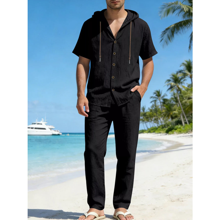 Men’s Full Size Button Up Hooded Top and Pants Set Plus Size Black / S Apparel and Accessories