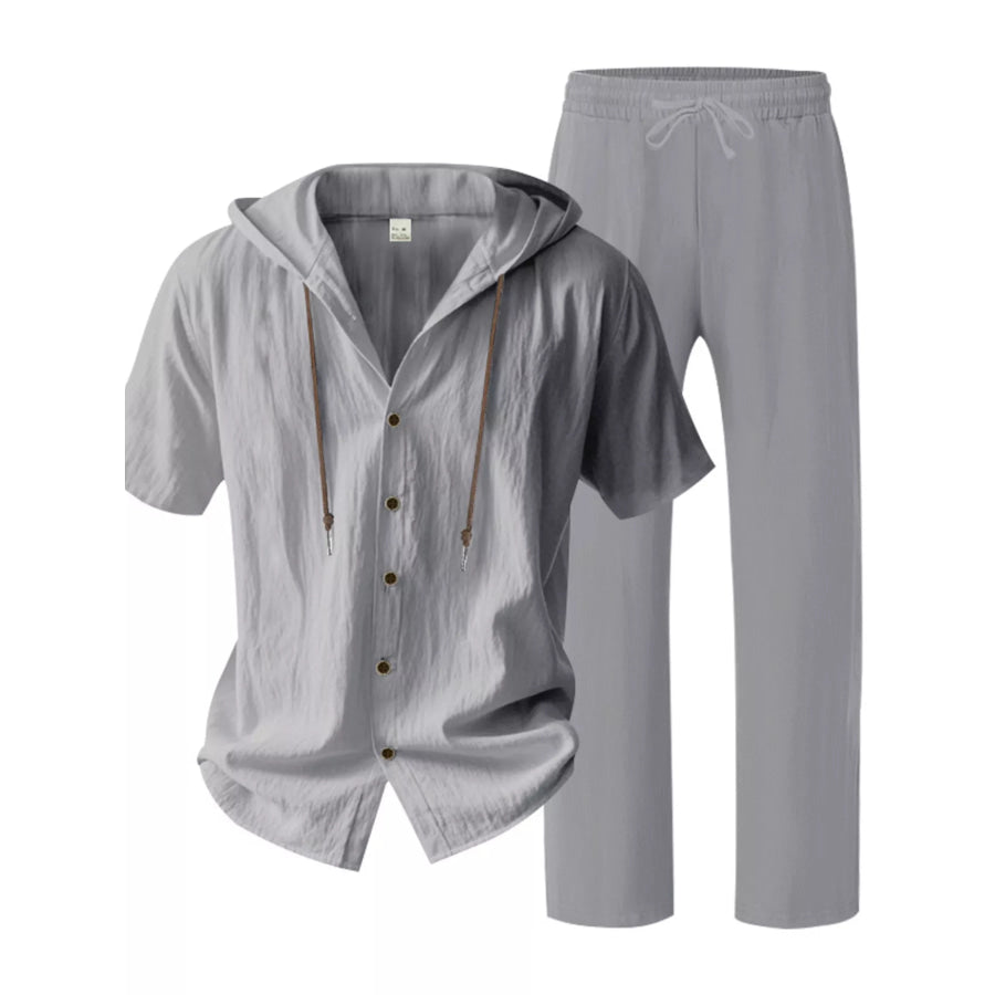 Men’s Full Size Button Up Hooded Top and Pants Set Plus Size Gray / S Apparel and Accessories
