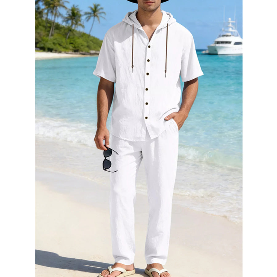 Men’s Full Size Button Up Hooded Top and Pants Set Plus Size Gray/white / S Apparel and Accessories
