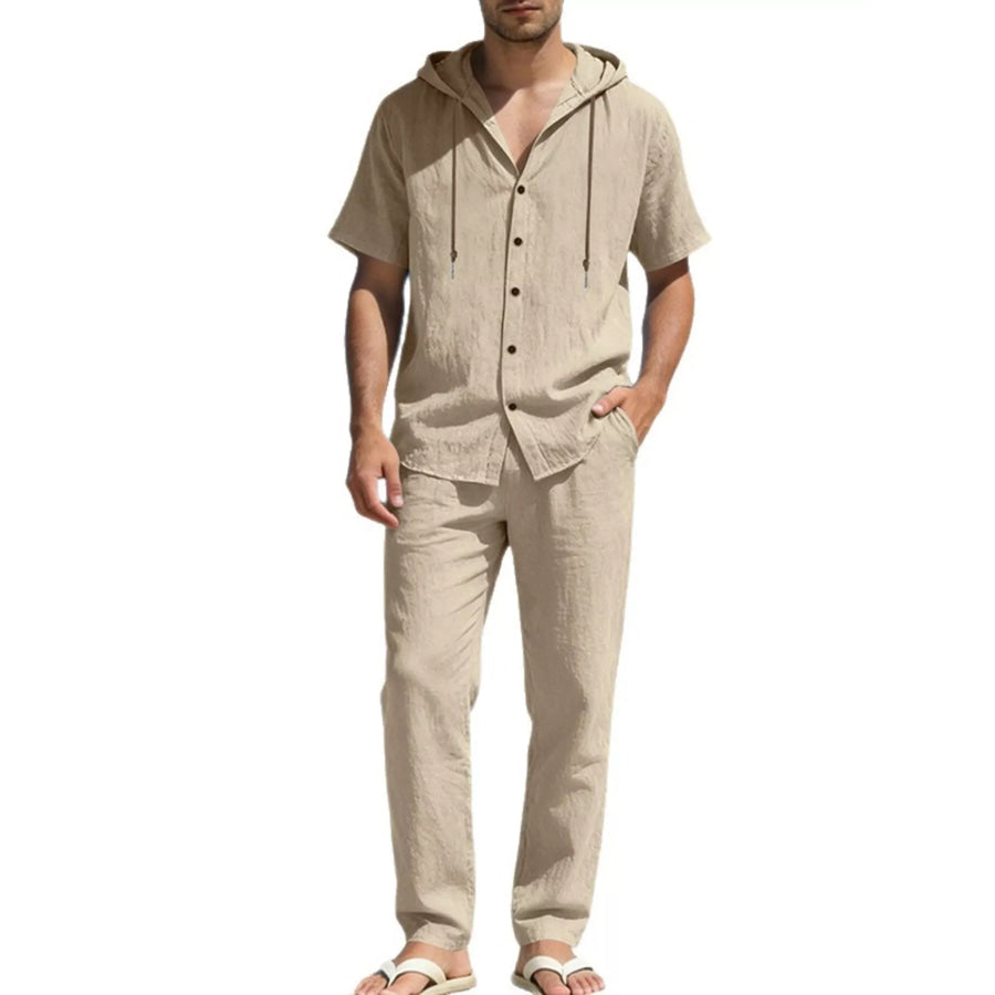Men’s Full Size Button Up Hooded Top and Pants Set Plus Size Khaki / S Apparel and Accessories