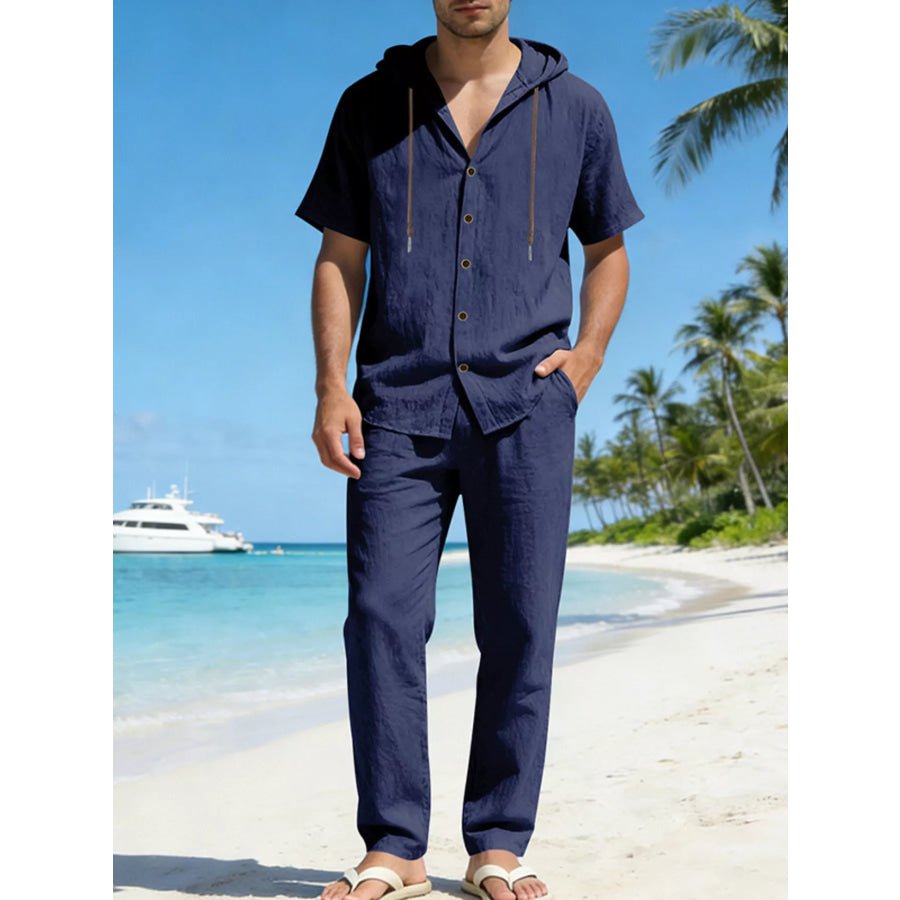 Men’s Full Size Button Up Hooded Top and Pants Set Plus Size Navy / S Apparel and Accessories